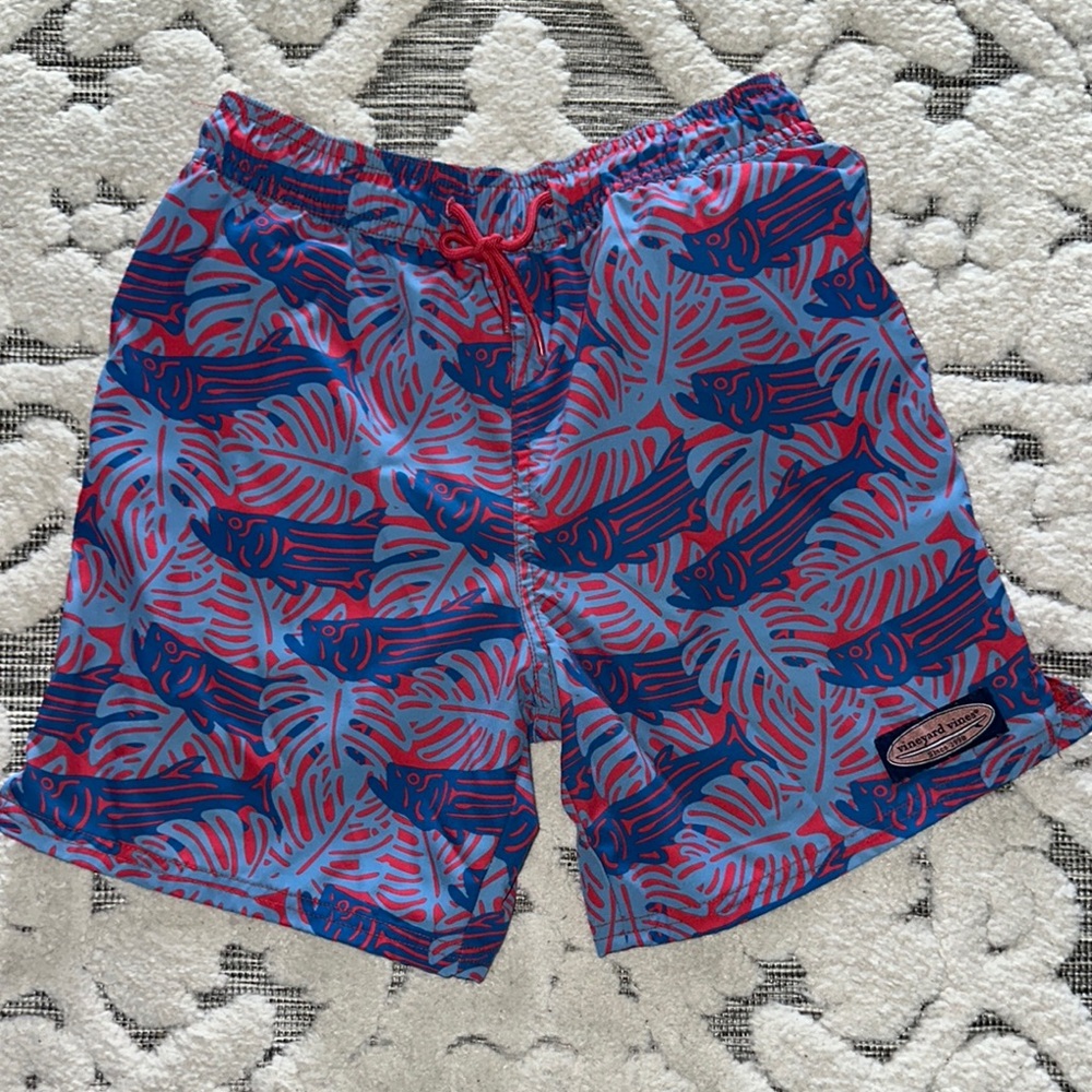 Vineyard Vine Tropical Blue and Red Swim Trunks